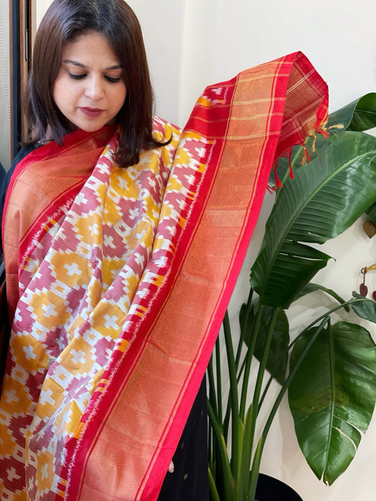 Yellow, Maroon Handwoven Ikat Dupatta in Pure Silk