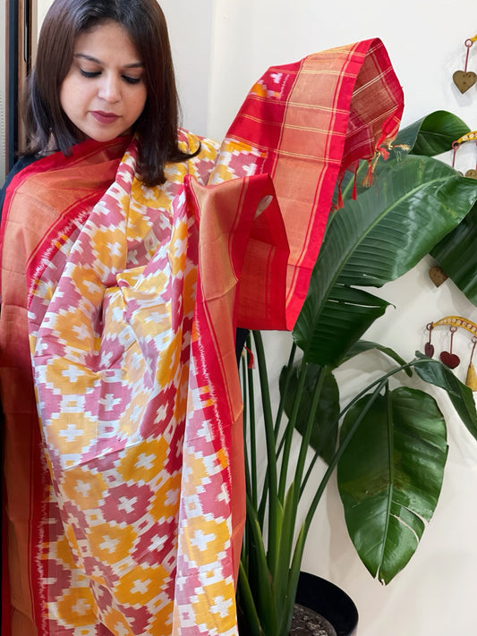 Yellow, Maroon Handwoven Ikat Dupatta in Pure Silk