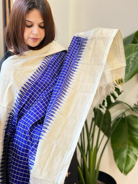 Ivory, Blue Handwoven Ikat Dupatta in Pure Silk