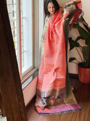 Peach Handwoven Paithani Dupatta in Pure Silk