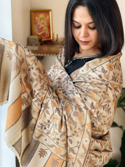 Lite Brown Woven Kaani Jaal  Pashmina Shawl