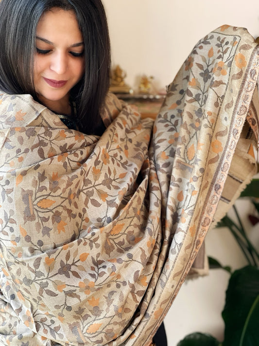 Lite Brown Woven Kaani Jaal  Pashmina Shawl