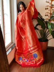 Red Handwoven Paithani Dupatta in Pure Silk