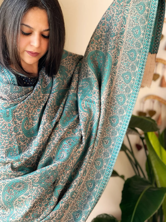 Lite Brown & Blue Woven Kaani Jaal Pashmina Shawl