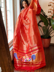 Red Handwoven Paithani Dupatta in Pure Silk