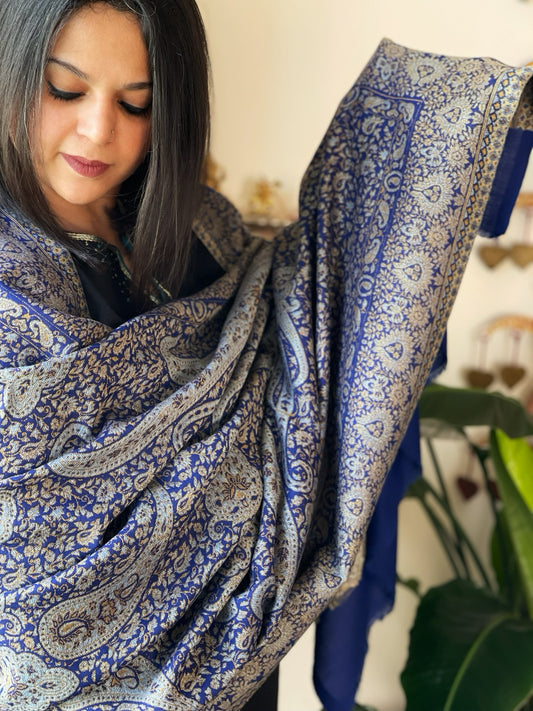 Electric Blue & Grey Woven Kaani Jaal Pashmina Shawl