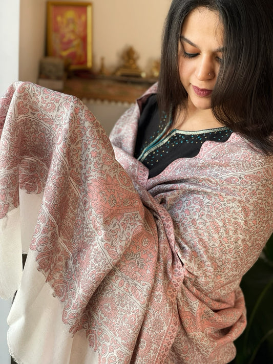 Off-White & Peach Woven Kaani Jaal Pashmina Shawl