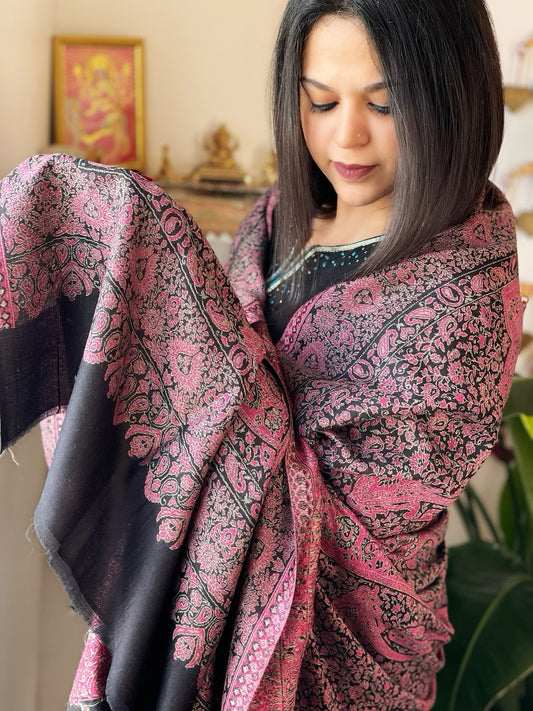 Black & Pink Woven Kaani Jaal  Pashmina Shawl