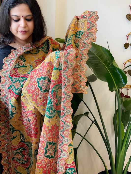 Multicolor Chinon Dupatta with Gold Thread & Aari Embroidery