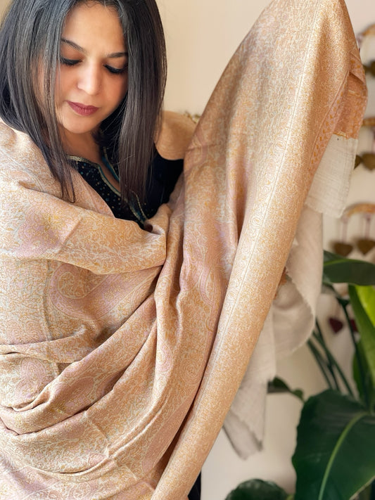 Grey & Peach Woven Kaani Jaal  Pashmina Shawl