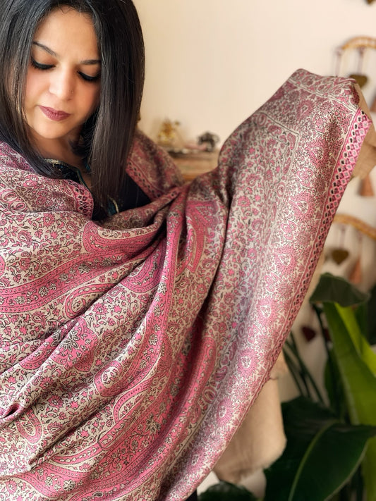 Lite Brown & Pink Woven Kaani Jaal  Pashmina Shawl