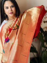 Red Handwoven Zari Jaal Paithani Dupatta in Pure Silk