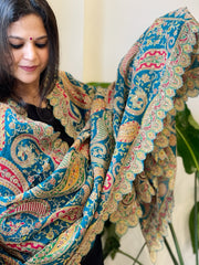 Blue Chinon Dupatta with Gold Thread & Aari Embroidery