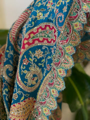 Blue Chinon Dupatta with Gold Thread & Aari Embroidery