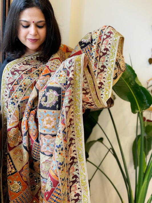 Multicolor Chinon Dupatta with Gold Thread & Aari Embroidery