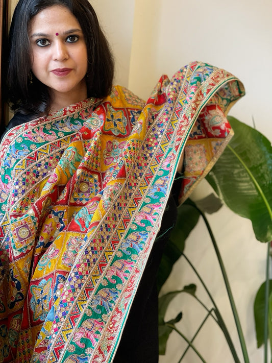Multicolor Chinon Dupatta with Gold Thread & Aari Embroidery