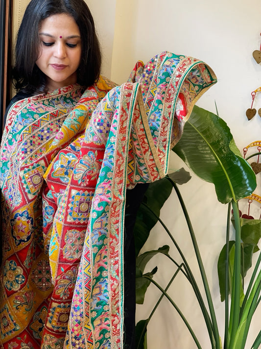 Multicolor Chinon Dupatta with Gold Thread & Aari Embroidery