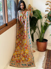 Multicolor Chinon Dupatta with Gold Thread & Aari Embroidery