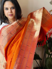 Orange Handwoven Triple Zari Border Paithani Dupatta in Pure Silk