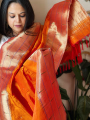 Orange Handwoven Triple Zari Border Paithani Dupatta in Pure Silk
