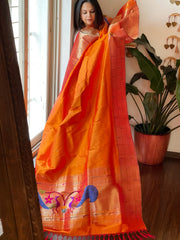 Orange Handwoven Triple Zari Border Paithani Dupatta in Pure Silk