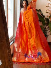 Orange Handwoven Triple Zari Border Paithani Dupatta in Pure Silk