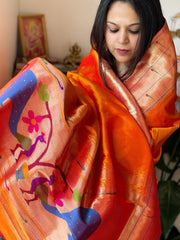 Orange Handwoven Triple Zari Border Paithani Dupatta in Pure Silk