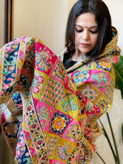 Multicolor Chinon Dupatta with Gold Thread & Aari Embroidery