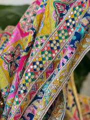 Multicolor Chinon Dupatta with Gold Thread & Aari Embroidery