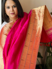 Pink Handwoven Triple Zari Border Paithani Dupatta in Pure Silk