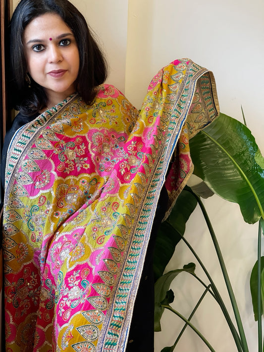 Yellow, Pink Chinon Dupatta with Gold Thread & Aari Embroidery