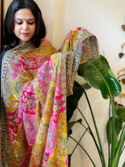 Yellow, Pink Chinon Dupatta with Gold Thread & Aari Embroidery