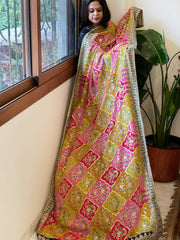 Yellow, Pink Chinon Dupatta with Gold Thread & Aari Embroidery