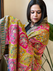 Yellow, Pink Chinon Dupatta with Gold Thread & Aari Embroidery