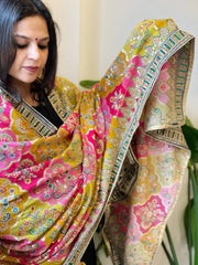 Yellow, Pink Chinon Dupatta with Gold Thread & Aari Embroidery
