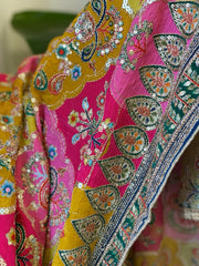Yellow, Pink Chinon Dupatta with Gold Thread & Aari Embroidery