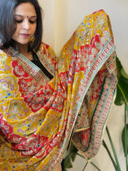 Yellow, Red Chinon Dupatta with Gold Thread & Aari Embroidery