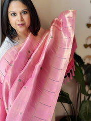 Baby Pink Handwoven Zari Jaal Paithani Dupatta in Pure Silk