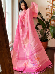 Baby Pink Handwoven Zari Jaal Paithani Dupatta in Pure Silk