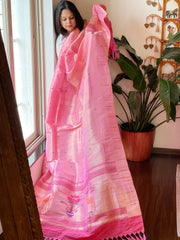 Baby Pink Handwoven Zari Jaal Paithani Dupatta in Pure Silk