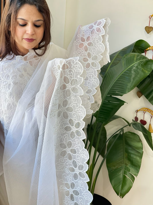 White Kota Cotton Dupatta with Cut Work