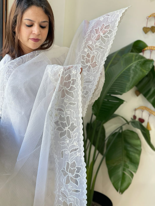 White Kota Cotton Dupatta with Cut Work