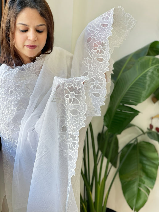 White Kota Cotton Dupatta with Cut Work
