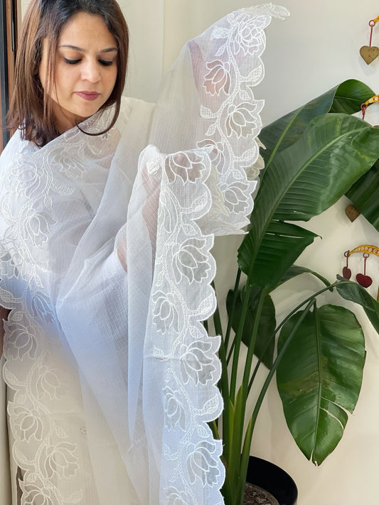 White Kota Cotton Dupatta with Cut Work