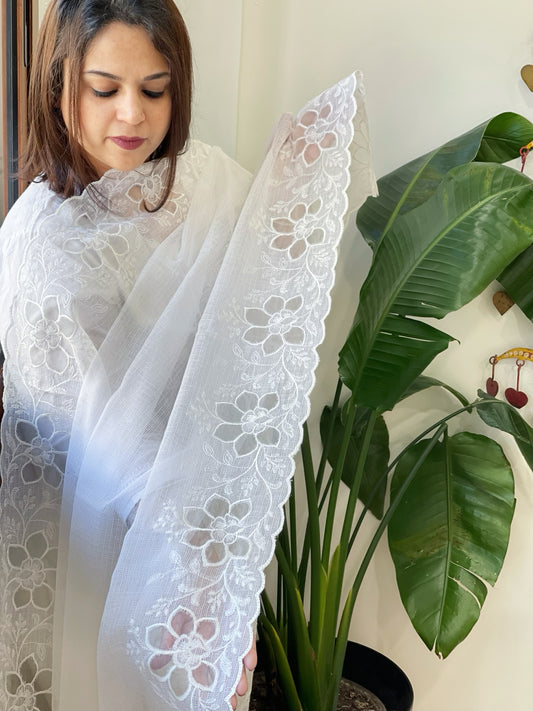 White Kota Cotton Dupatta with Cut Work
