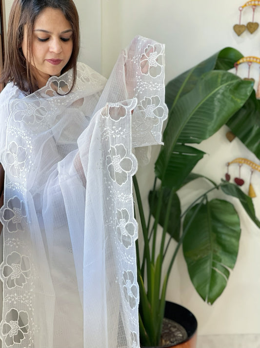White Kota Cotton Dupatta with Cut Work