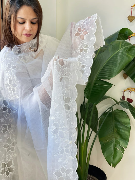 White Kota Cotton Dupatta with Cut Work