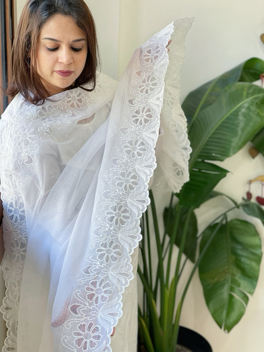 White Kota Cotton Dupatta with Cut Work