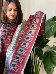 Grey, Maroon Handwoven Ikat Dupatta in Cotton