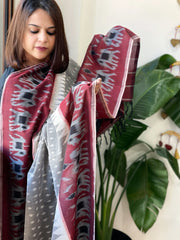 Grey, Maroon Handwoven Ikat Dupatta in Cotton